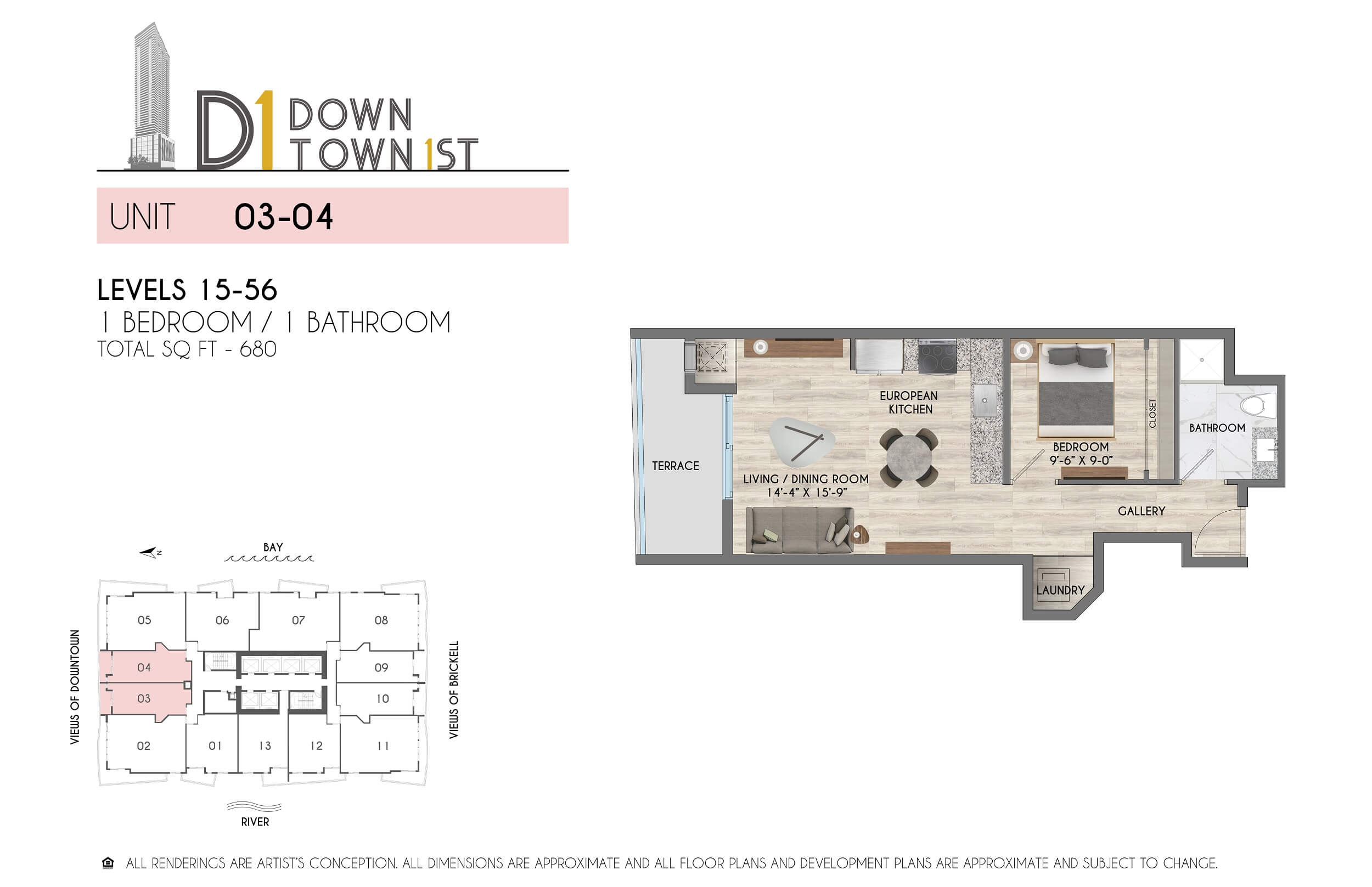 1 Bed / 1 Bath – 680 SF