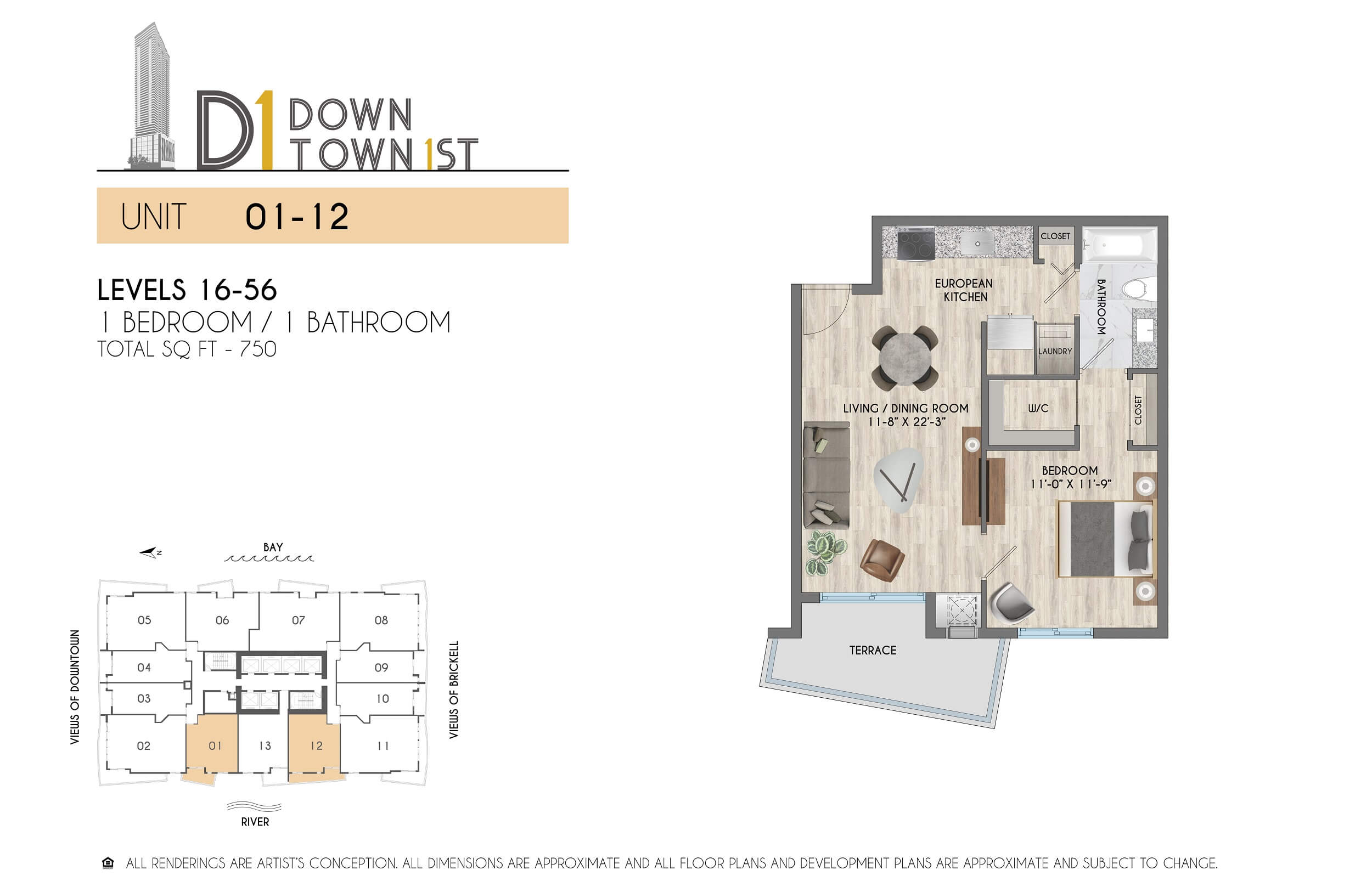 1 Bed / 1 Bath – 750 SF