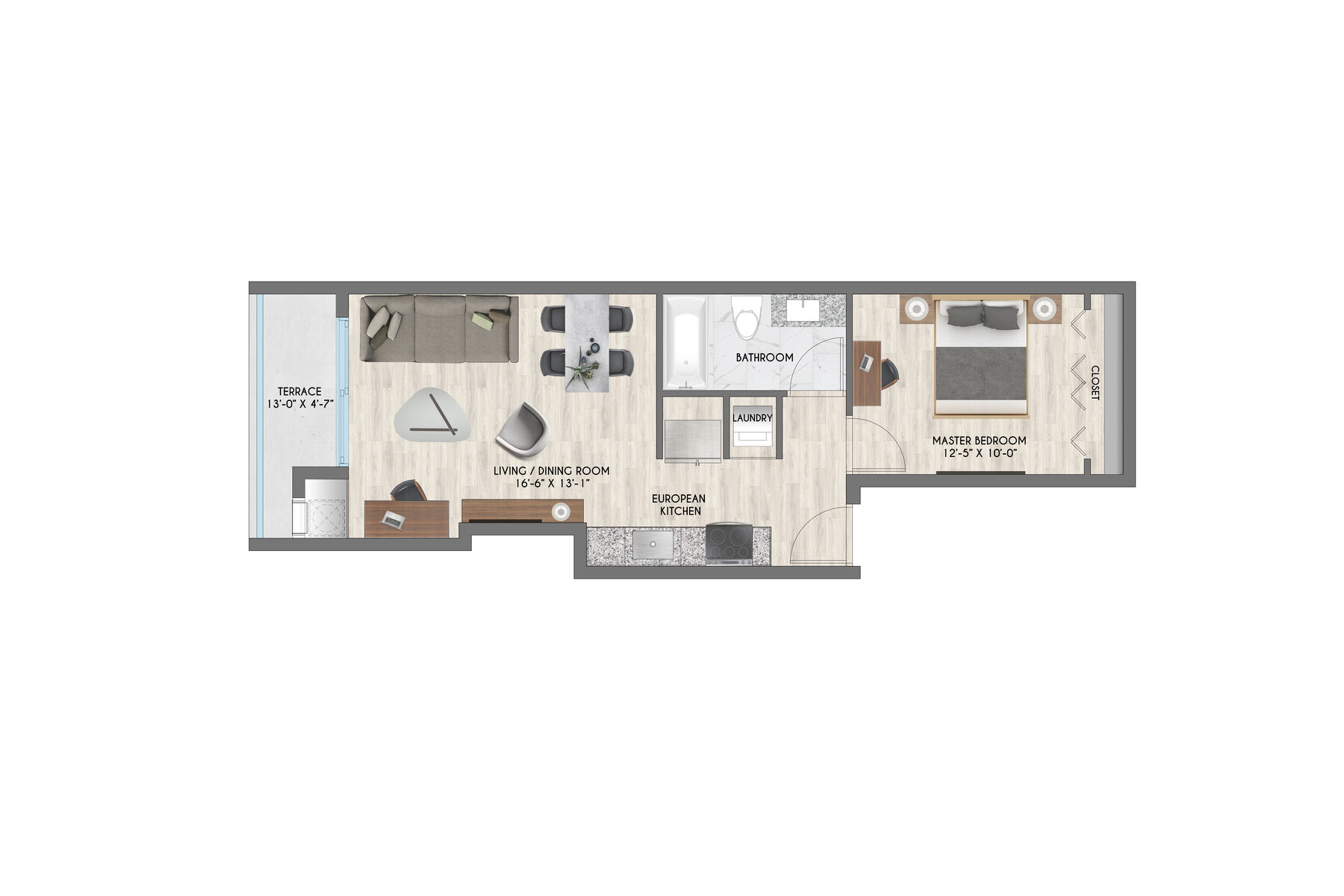 1 Bed / 1 Bath – 615 SF