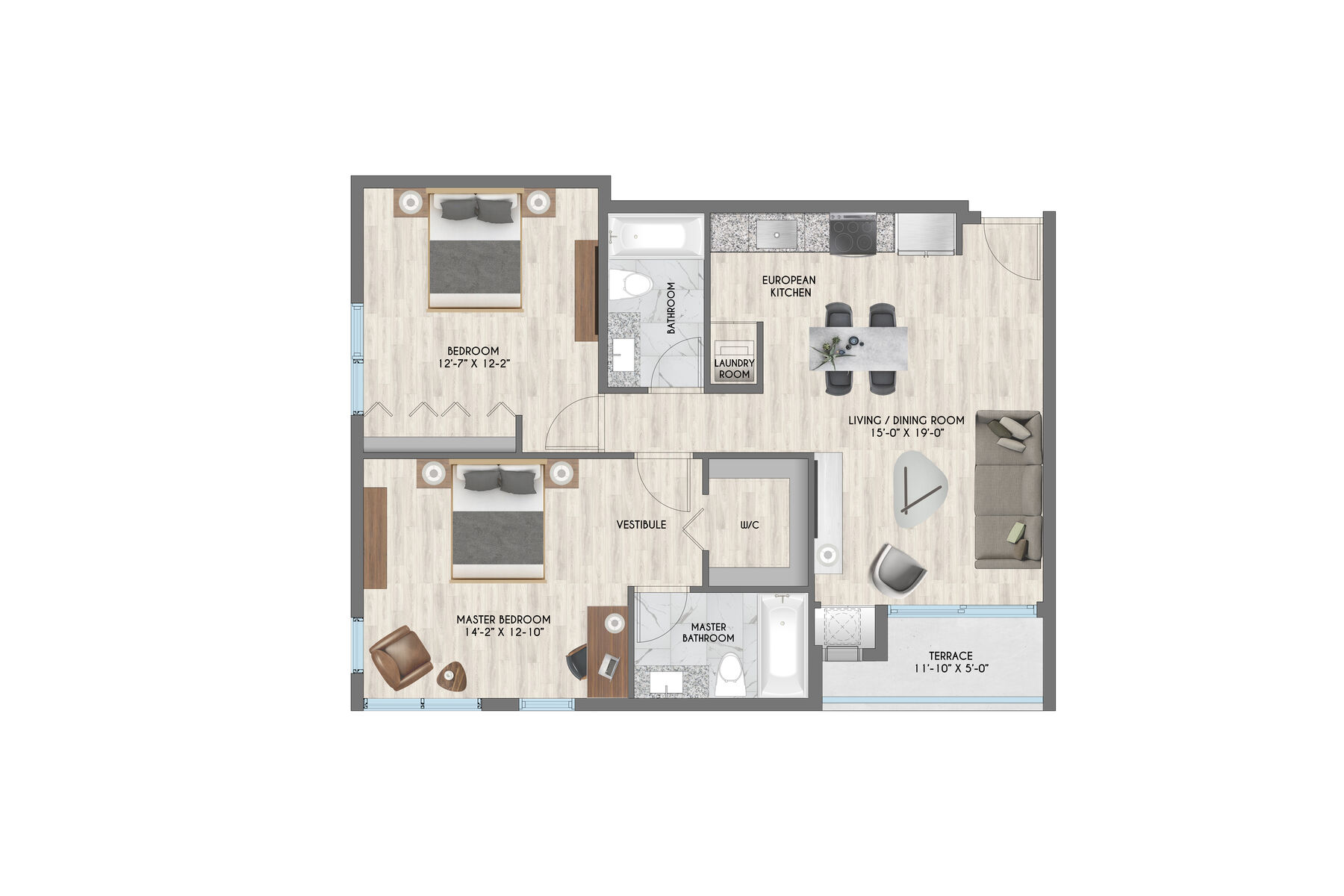 2 Bed / 2 Bath – 1,025 SF