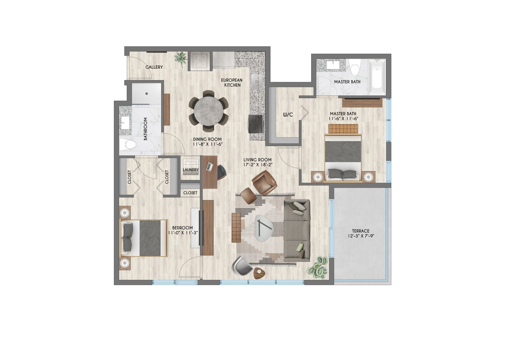 2 Bed / 2 Bath – 1,170 SF